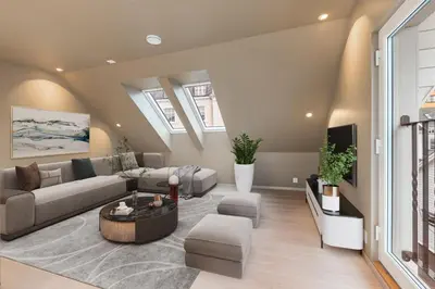 a living room with a couch and a table at Florø Apartments Hotell in Florø