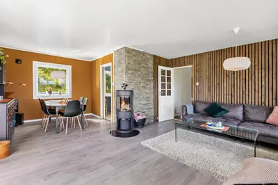 a living room with a couch and a fireplace at Engbu in Vågbø