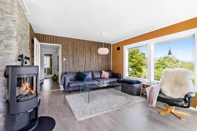 a living room with a couch and a fireplace at Engbu in Vågbø