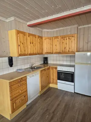 a kitchen with wooden cabinets and white appliances at Geilo Hytter & Camping in Geilo