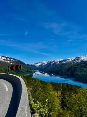 a road with a view of a lake and mountains at Haukedalen mountain panorama river view in Holsen