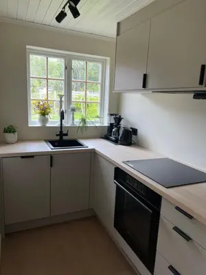 a kitchen with a sink and a stove top oven at Haukedalen mountain panorama river view in Holsen