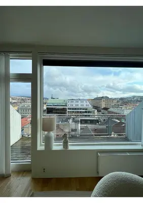 a cat sitting on a window sill looking out at a city at Penthouse in Trondheim City Centre in Trondheim