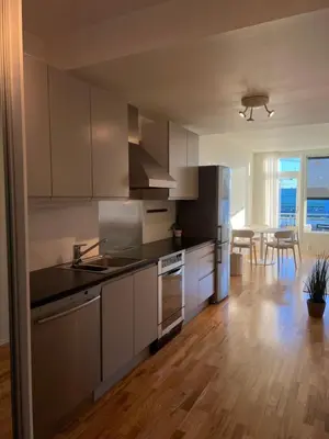 a kitchen with white cabinets and stainless steel appliances at Penthouse in Trondheim City Centre in Trondheim