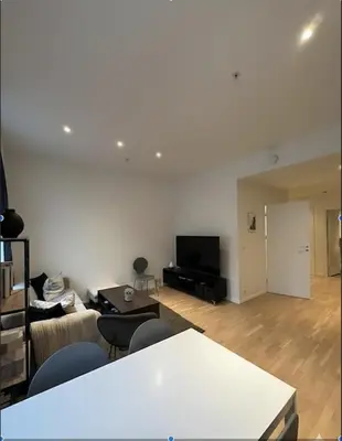 a living room with a couch and a flat screen tv at Moderne leilighet midt i hjertet av Bergen Sentrum in Bergen