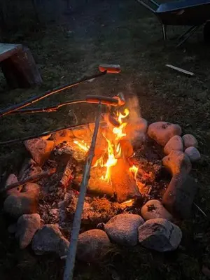 a fire pit with logs and flames in the grass at Hytte Elvdal in Nymoen