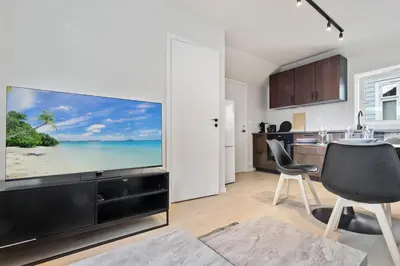 a living room with a large flat screen tv at Luxury Suite in Charming Area in Bergen