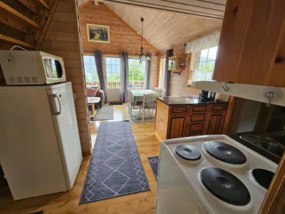 a kitchen with a stove and a refrigerator at Øen Hytter 1 in Sørbø