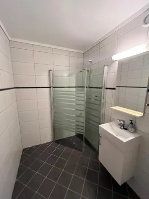 a bathroom with a shower and a toilet and a sink at Voss-Oppheim Resort appartment witc acess to swimmingpool in Øyjordi