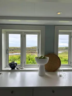 a kitchen with three windows and a bowl on a counter at Sjønært småbruk in Bud