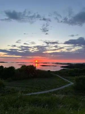 a sunset over the water with a path in front at Sjønært småbruk in Bud