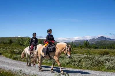 two people riding horses down a road at Cozy 2-Bedroom Retreat In The Heart Of Nature in Beitostøl