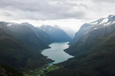 a view of a river in a mountain valley at Modern cabin with panorama view in Olden
