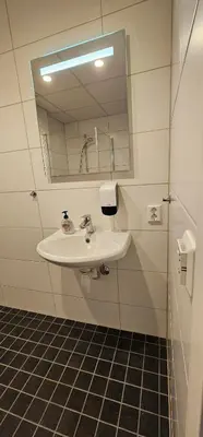 a bathroom with a sink and a mirror at Lilleby Apartment in Trondheim