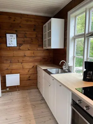 a kitchen with white cabinets and a wooden wall at Stryn - Faleide - hus ved fjorden in Stryn