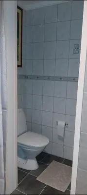 a bathroom with a toilet and a roll of toilet paper at Hos Jurate in Fagernes