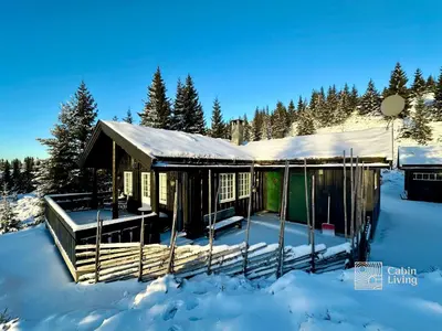 a cabin in the snow in the snow at Cozy spacious cabin with sauna at Natrudstilen in Ringsaker