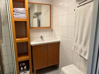 a bathroom with a sink and a mirror at Fjordgata i Trondheim in Trondheim
