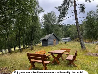 a picnic table and benches in a field at Fjord house with a private bay, boats and sauna! in Etnesjøen