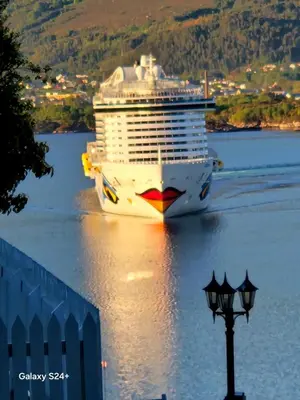 a cruise ship in the water with a street light at Duzy apartament w centrum Ålesund in Ålesund