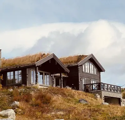 a house with a grass roof on top of a hill at New, cozy, and comfortable cabin in Geilo in Flatåker