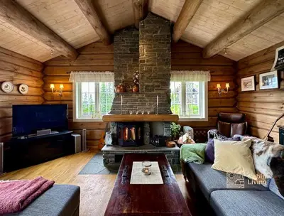 a living room with a couch and a fireplace at Large log cabin at Sjusjøen with sauna, fireplace and panoramic view in Ringsaker