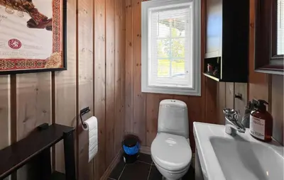 a bathroom with a white toilet and a sink at Amazing Home In Sjusjøen With Sauna in Sjusjøen
