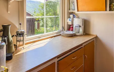 a kitchen counter with a microwave and a window at 2 Bedroom Pet Friendly Home In Haddal in Haddal