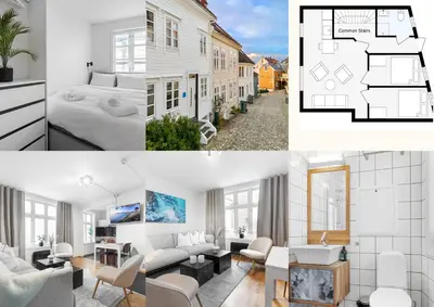 a collage of photos of a bedroom and a living room at Homerentals Apartments - Behind Bryggen & historic cobblestone streets - 2 Floor renovated from february 2025 in Bergen