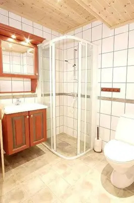a bathroom with a shower and a toilet and a sink at Storsten 725C in Trysil