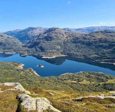 an aerial view of two lakes in the mountains at Handeland Lodge Near Trolltunga and Pulpit Rock Sleeps 18 with Sauna in Sauda
