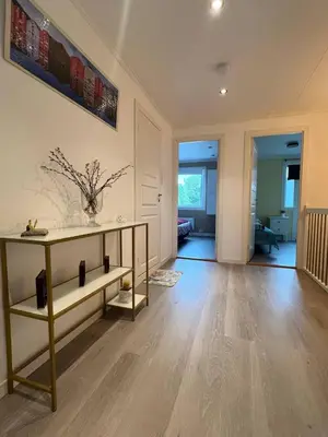 a living room with a console table and a living room at Cozy Urban Single Room in Ålesund