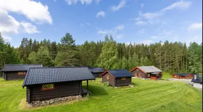 a group of cottages in a field with trees at Skogcamping in Bjørnstad