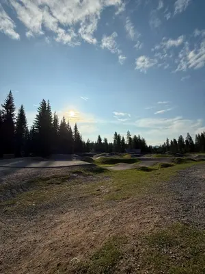 a dirt field with trees and a cloudy sky at Hytte med sentral beliggenhet in Trysil