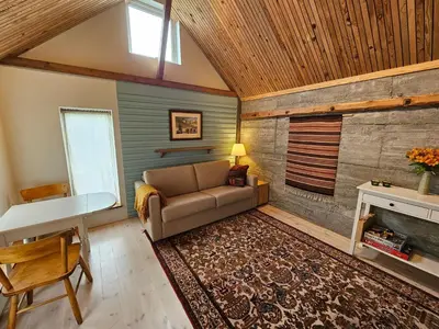 a living room with a couch and a fireplace at Sigurd's Tiny House in Vossevangen
