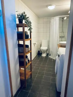 a bathroom with a toilet and a sink at Leilighet med særpreg in Lillehammer