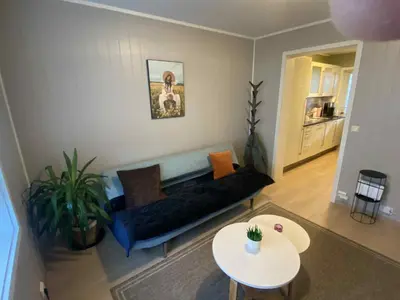 a living room with a couch and a table at Sentralt leilighet in Ålesund