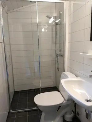 a bathroom with a shower and a toilet and a sink at Oldevatn Camping in Olden