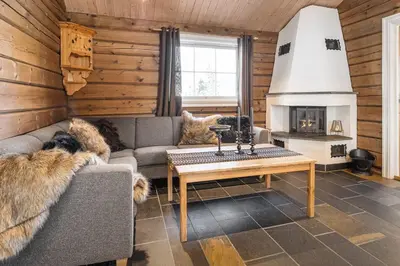 a living room with a couch and a fireplace at Trysilfjellet Nord 356 C in Trysil