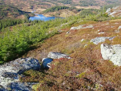 a view of a hill with rocks and a lake at 10 person holiday home in Follafoss-By Traum in Vølset