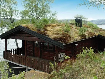 a log cabin with a grass roof on the water at 4 person holiday home in Surna in Glerem