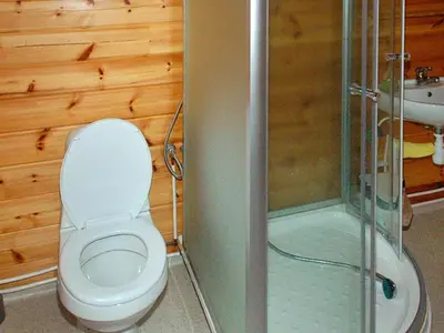 a bathroom with a toilet and a glass shower at 5 person holiday home in VÅGLAND in Bårdset