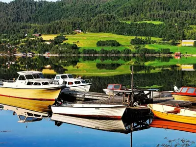 a group of boats are docked in a lake at 5 person holiday home in VÅGLAND in Bårdset