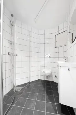 a bathroom with a toilet and a sink and a mirror at Charming apartment 200m from Bryggen in Bergen