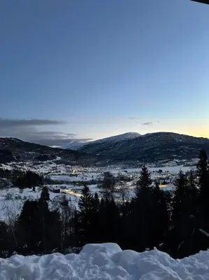 a view of a town in the snow at Ny koselig hytte ved Sogn skisenter in Hafslo