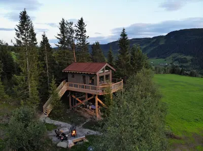 an overhead view of a tree house in the woods at Fjellgla tretopphytte in Holo