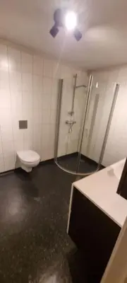 a bathroom with a shower and a toilet at Sokkel-leilighet med nærhet til sentrum og Hovden skiheis in Oppdal