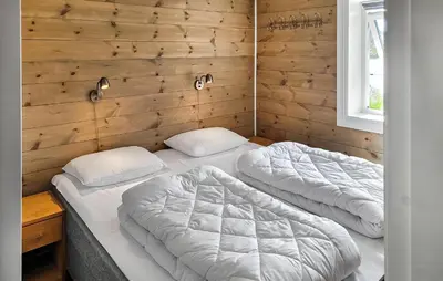 two beds in a room with wooden walls at Nice Home In Vinje With House Sea View in Trovatn