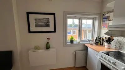 a kitchen with a counter and two windows at Rustic Apartment in Bakklandet in Trondheim