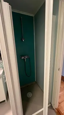 a bathroom with a shower in a green wall at Rustic Apartment in Bakklandet in Trondheim
